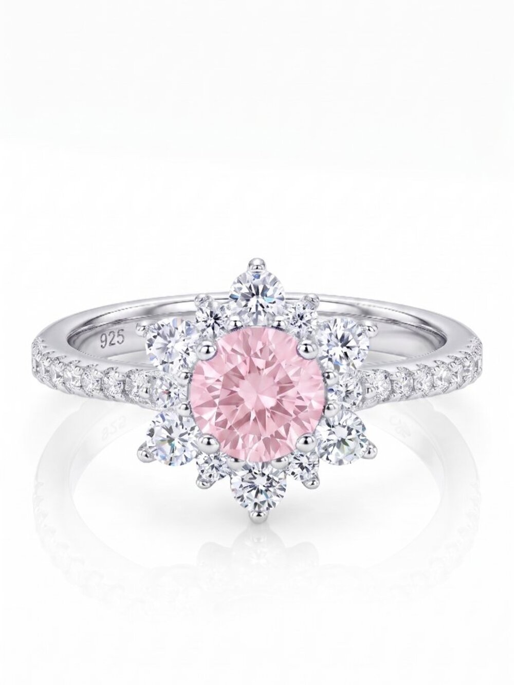 Pink Flower / Snowflake Gemstone Ring, 925 Sterling Silver